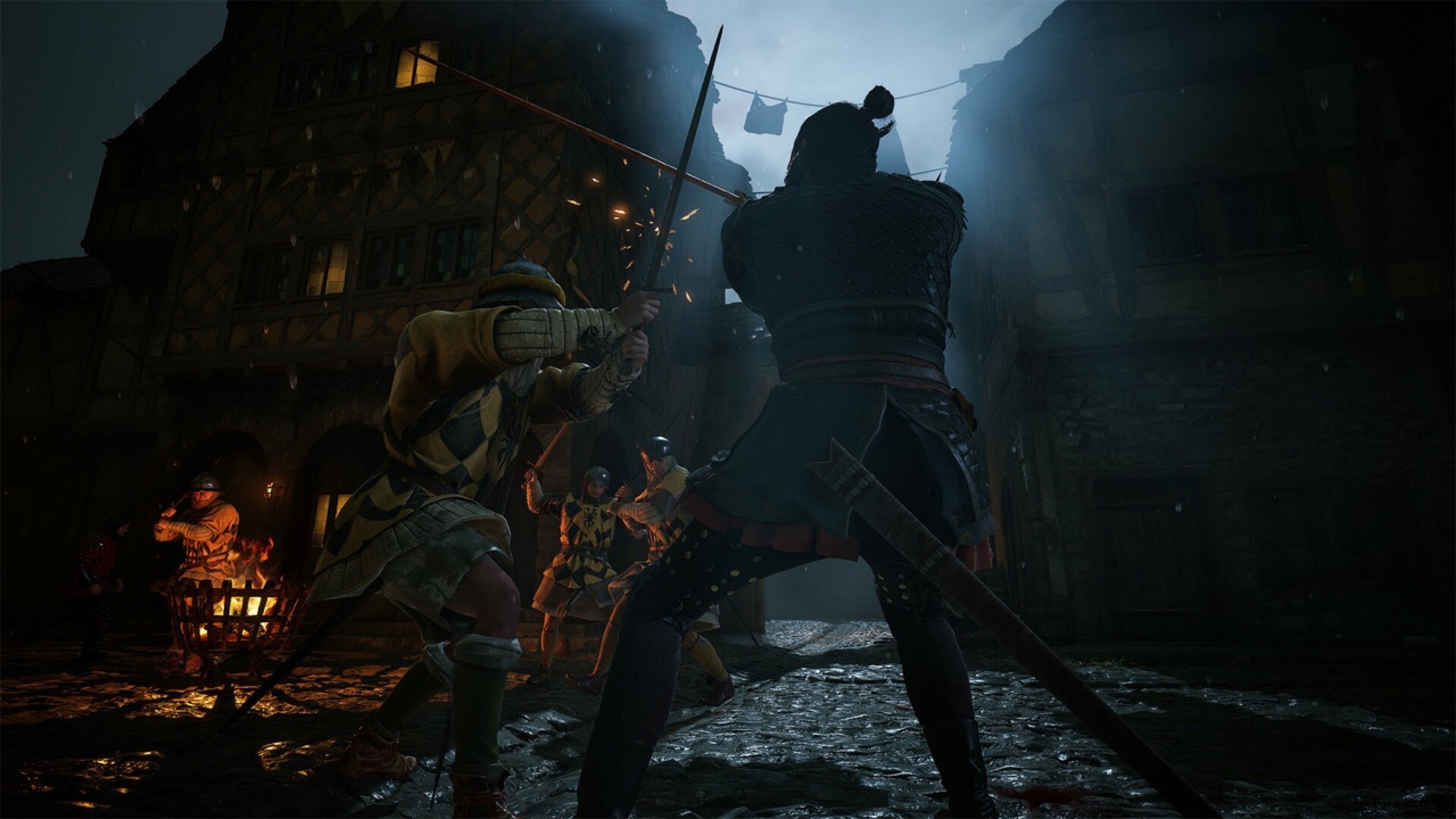 A night battle, a character firing a crossbow at an enemy.